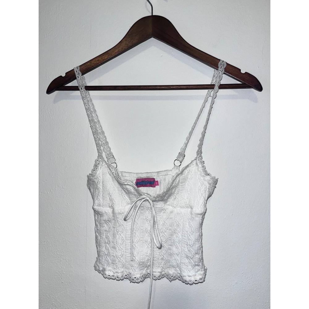 Edikted White Pointelle Lace Trim Cami Crop Top XS Bow Front Adjustable Straps